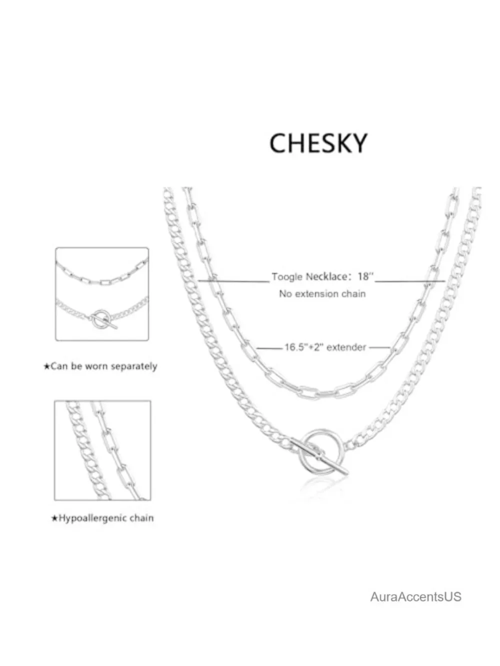 Layered Paperclip Chain Necklace Set for Women, Silver Plated Brass, 2 Strands,
